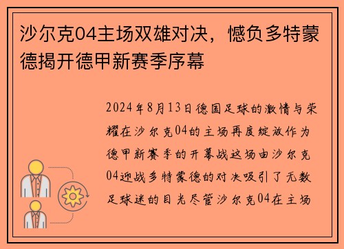 沙尔克04主场双雄对决，憾负多特蒙德揭开德甲新赛季序幕