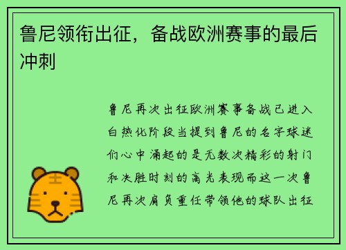 鲁尼领衔出征，备战欧洲赛事的最后冲刺