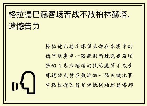 格拉德巴赫客场苦战不敌柏林赫塔，遗憾告负